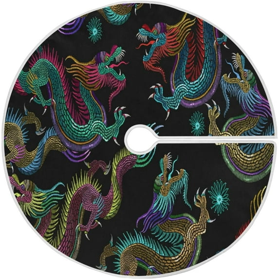 FMSHPON Classic Embroidery Dragon Xmas Christmas Tree Skirt Stand Mat for Holiday Party Decoration Indoor Outdoor 36 inches