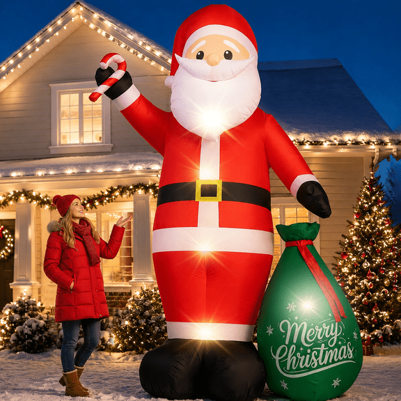 Moonsun 12FT Giant Christmas Inflatable Santa Claus with Green Gift Bag & Candy Cane, Built-in LED Lights, Outdoor Blow Up Christmas Yard Decoration for Lawn, Garden & Holiday Party