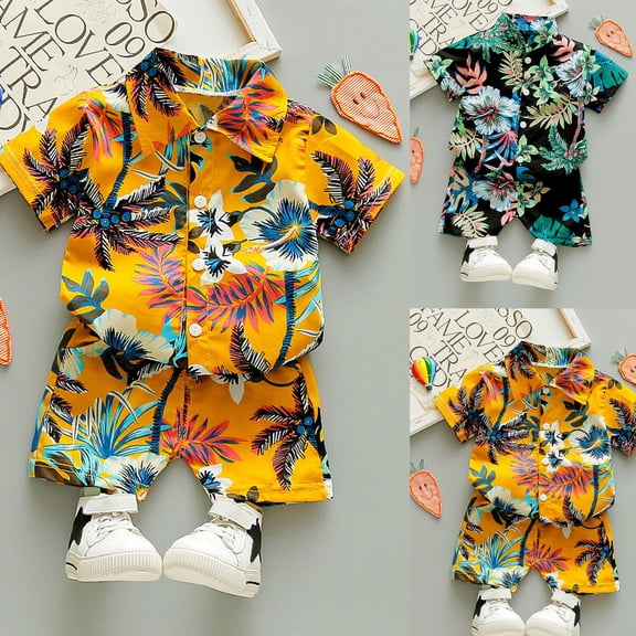 Trendfront Little Boys Beach Wear Crew Neck Short Sleeve Tropical Printed Shirt and Shorts Summer Luau Holiday Fashion Outfit Suit