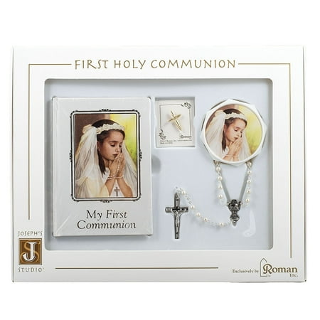 Jesus First Pin First Holy Communion Book, Lapel Pin, Rosary and Keepsake Box Set for a Girl In Christ ()