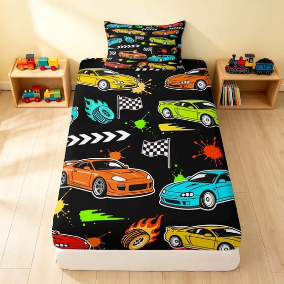 Erosebridal Race Car Twin Fitted Sheet, Colorful Bedding, Multi Color 2pcs 1 Fitted Sheet and 1 Pillowcase