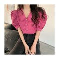 thumbnail image 4 of Blusa de gasa con manga corta abombada para mujer, cuello vuelto, botonadura única, cuello en V, jersey de Color puro, 4 of 8