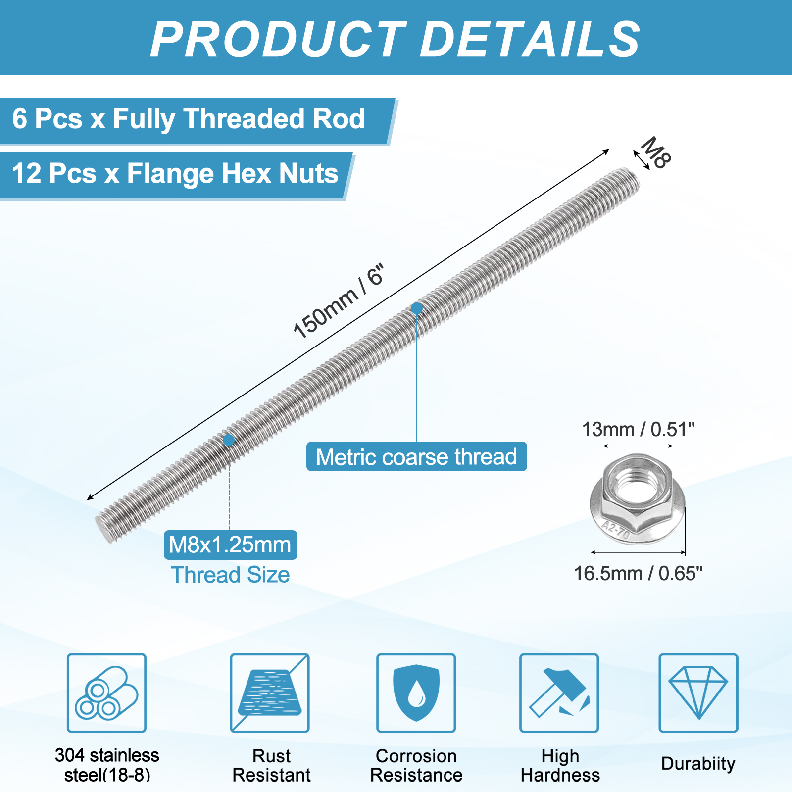 Uxcell 6 Set M8 x 1.25mm Fully Threaded Rods 6 Inch, 304 Stainless Steel All Threaded Rod Metric Right Hand Threads with 12Pcs Flange Hexagon Nut for Clamps Hangers U-Bolt