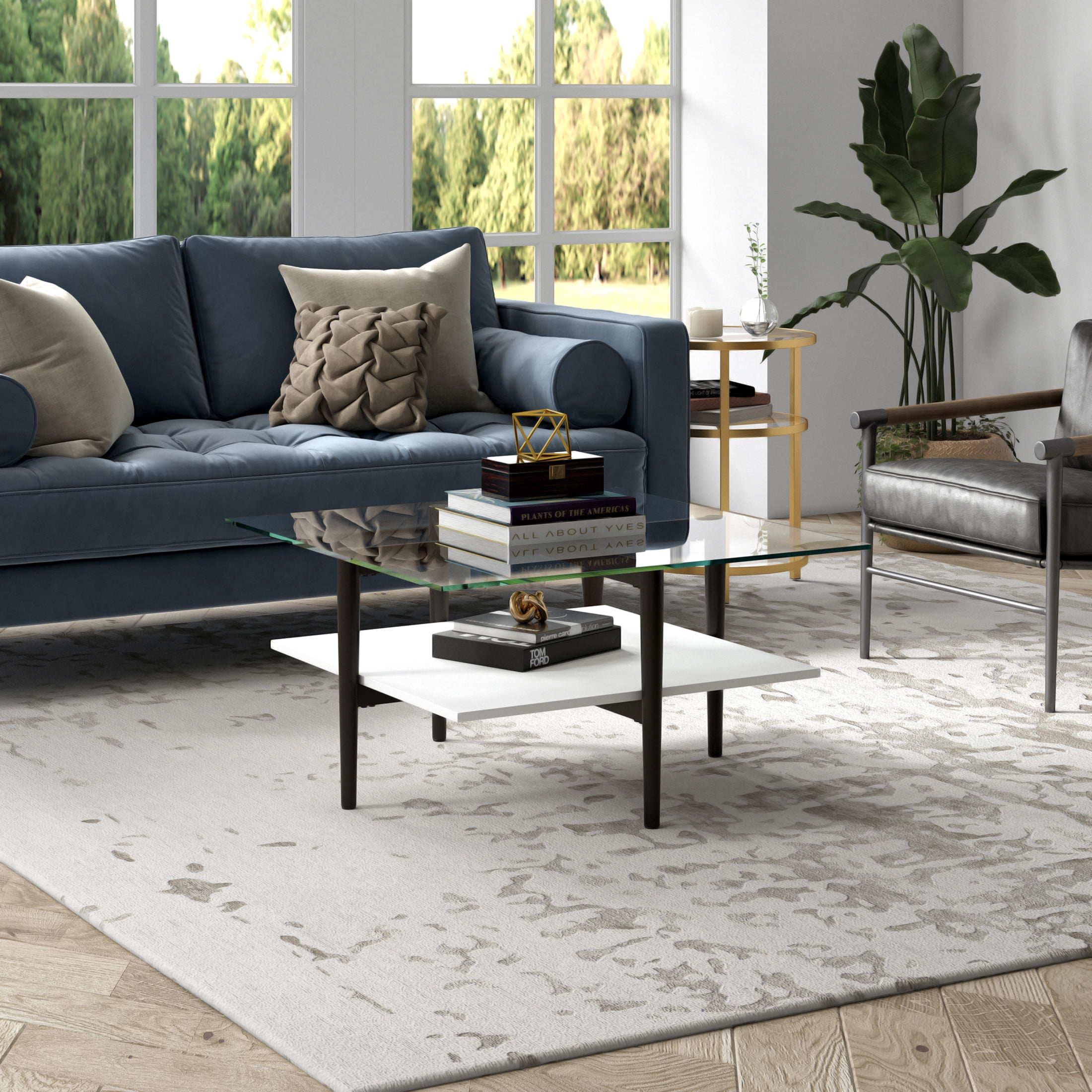 Evelyn&Zoe Otto 32" Wide Square Coffee table with White Lacquer, Blackened Bronze