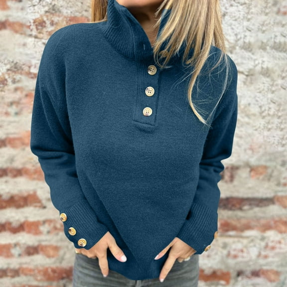 Women's Stand Collar Sweater Oversized Quarter Button Collar Knit Pullover Tops Fall Winter Warm Tunic Sweaters Blue S
