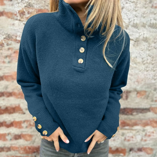 PEONAVET Women Sweaters Women's Solid Color Blouses Button Turtleneck Pullover Fashionable Sweater