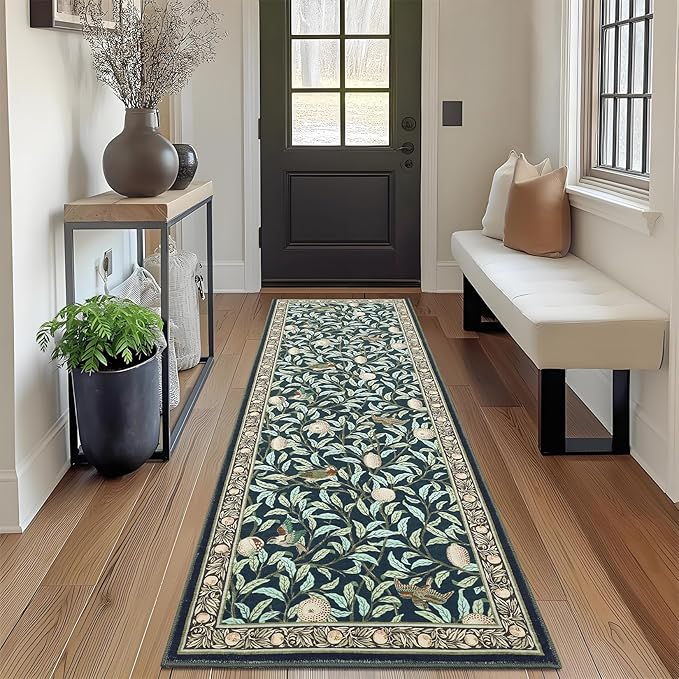 Washable Runner Rug 2x6 Non Slip Kitchen Hallway Runner Leaf Botanical Print Low Pile Throw Carpet Modern Home Decor Mat for Laundry Bathroom Indoor Use, Dark Blue