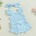 thumbnail image 4 of Infant Baby Girl Summer Clothes Ribbed Ruffle Sleeveless Romper Drawstring Bloomer Shorts Headband Outfits Blue 0-3 Months, 4 of 7