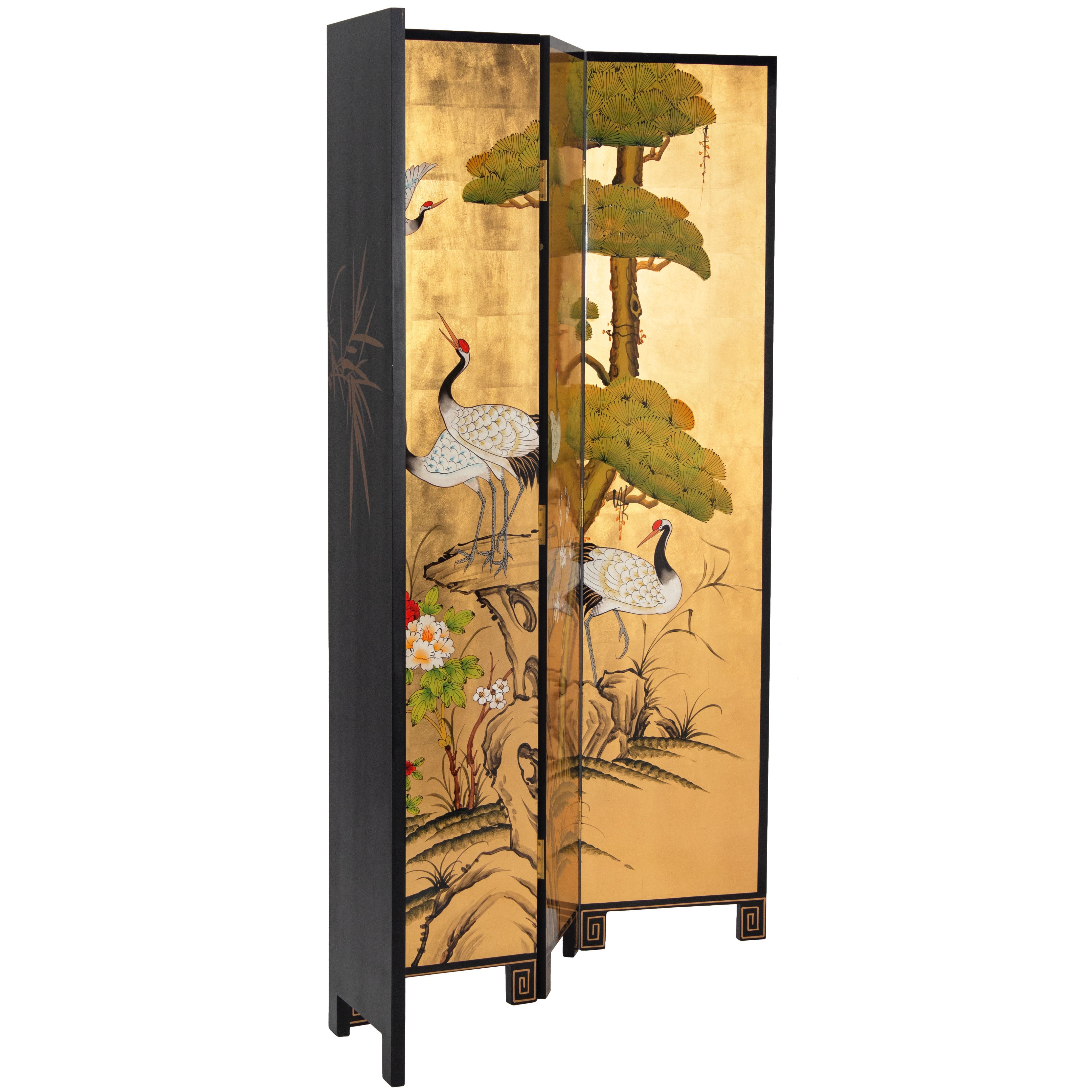 Oriental Furniture 6 ft. Tall Gold Lacquer Room Divider - Cranes