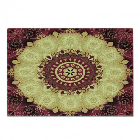 Purple Mandala Cutting Board, Pattern with Baroque Victorian Featured Old Fashion Effect Art, Decorative Tempered Glass Cutting and Serving Board, Small Size, Maroon Yellow, by Ambesonne