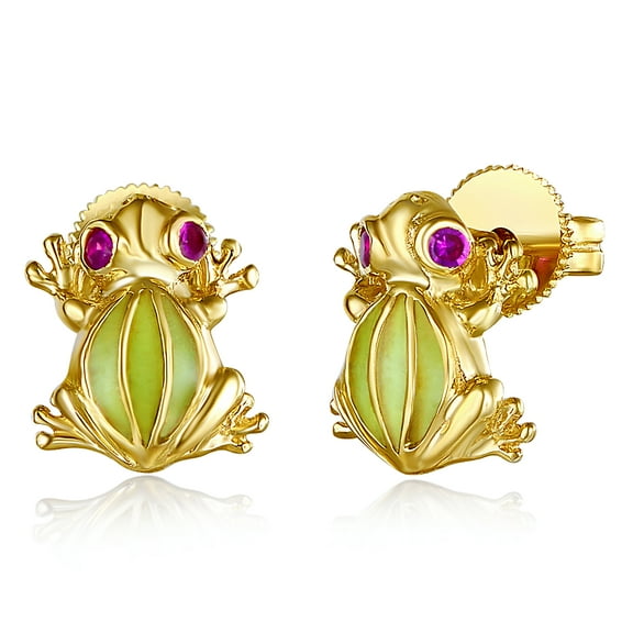 Wellingsale Ladies 14k Yellow Gold Polished CZ Frog Earrings
