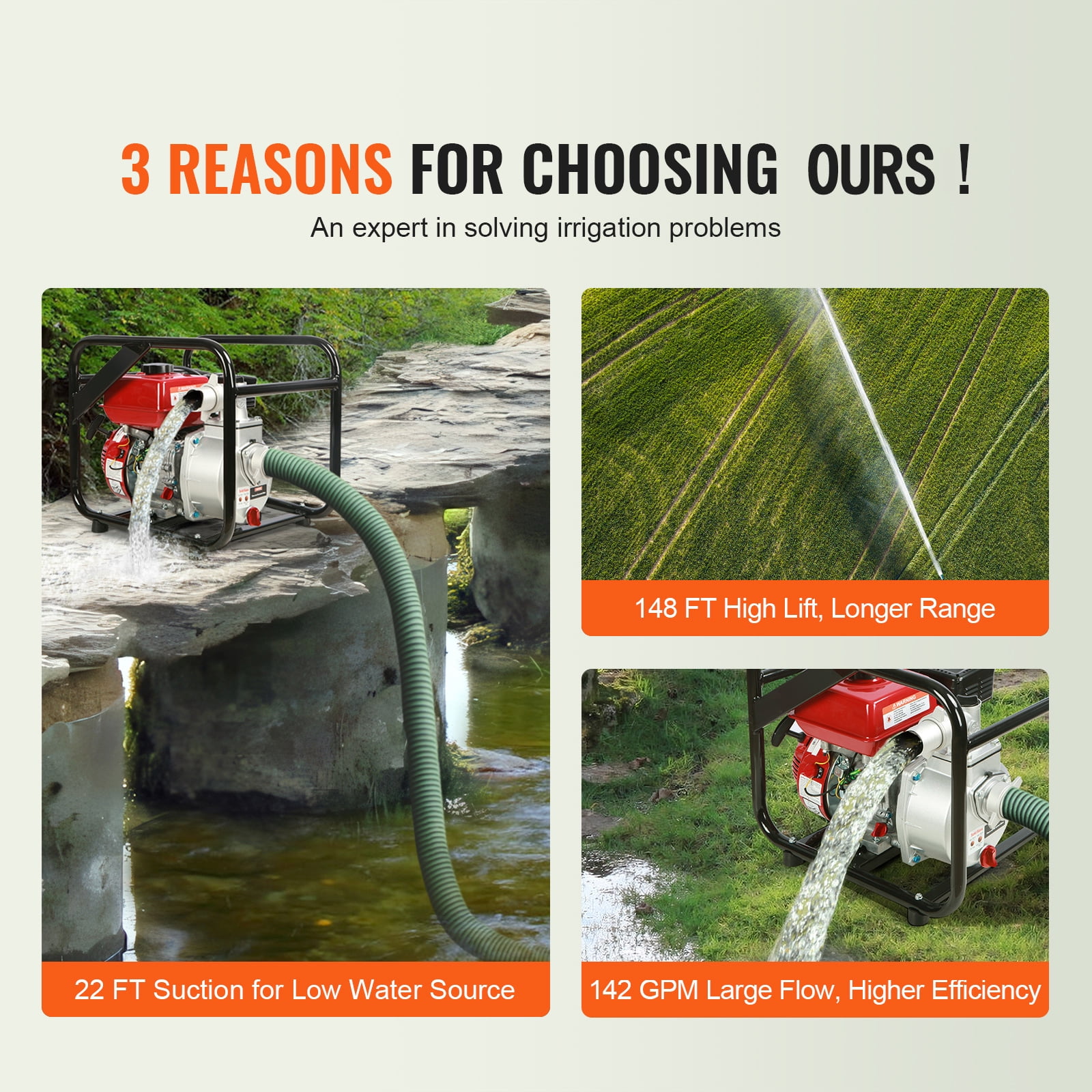 KFFKFF Gasoline-Powered Water Pump, 2-inch, 7HP, 142 GPM Flow Rate, 148ft Lift, 22ft Suction, 4-Stroke Engine for Efficient Water Transfer, Portable Design with 25ft Hose for Irrigation and Pool Use