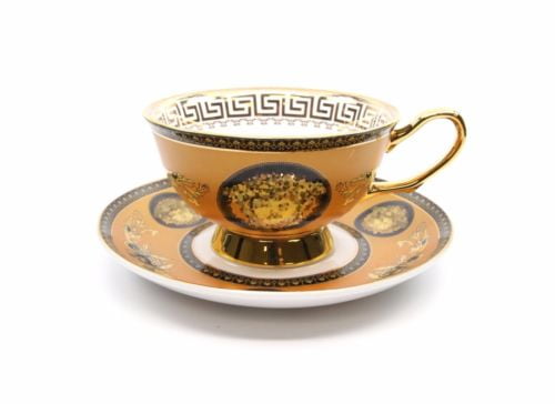 Royalty Porcelain Luxury 3pc YELLOW Tea or Coffee Cup Medusa Greek Key Pattern