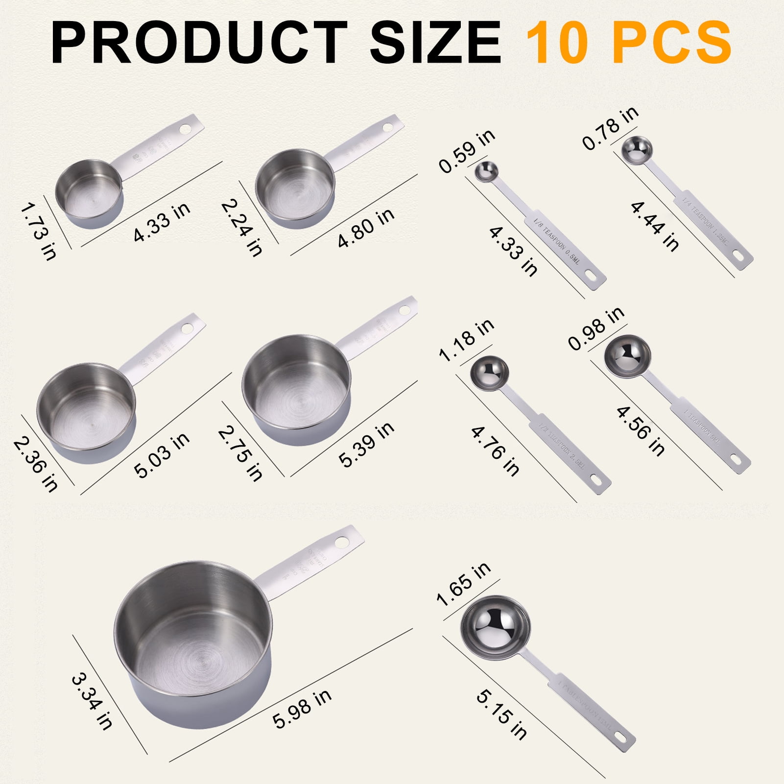 Measuring Cups and Spoons Set of 10, 5 Stainless Steel Cups and 5 Spoons for Kitchen Cooking Baking