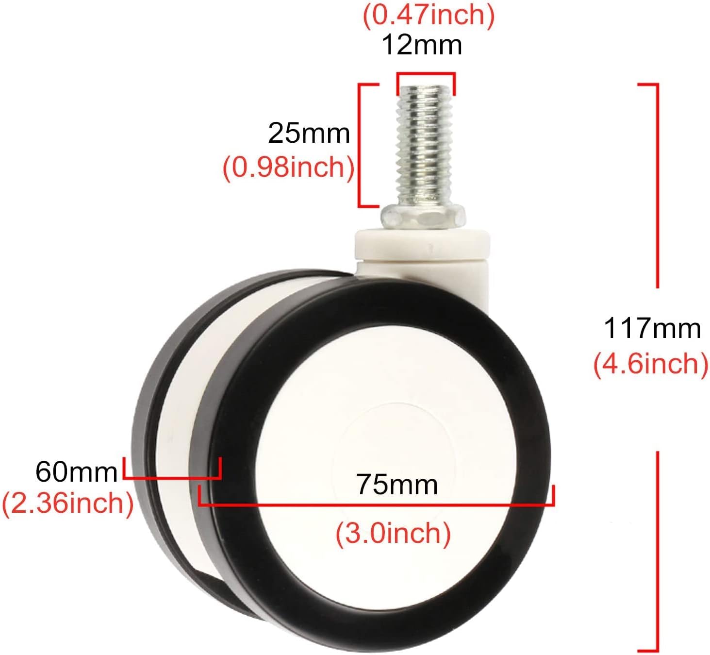 Gamvdout 3 Inch Polyurethane Casters Swivel Caster Wheels with Brake 360 Degree Rotating Threaded Stem Diameter 12x25mm  Equipment Casters Mute I