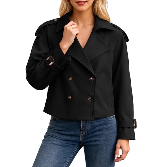 HJYCHN Jackets for Women Stylish Lightweight Cropped Trench Coat With Double Design And Multiple Pockets For Everyday Wear Trench Coat Women Black M