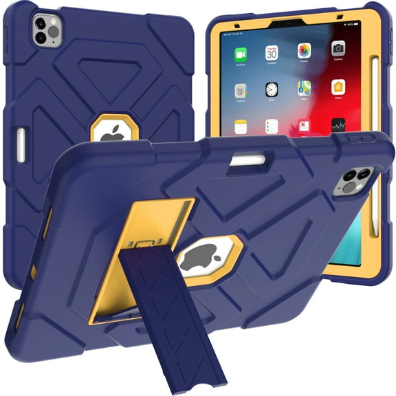Dteck Case for iPad Pro 11 4th Gen 2022/ 3rd Gen 2021/ 2nd Gen 2020/ 1st Gen 2018 , Military Grade Shockproof Silicone Kickstand Cover for iPad Air 5 / iPad Air 4, Navy Yellow