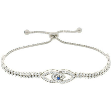 Pori Jewelers Blue and Clear CZ Sterling Silver Interlocked Evil Eye Friendship Bolo Adjustable Bracelet