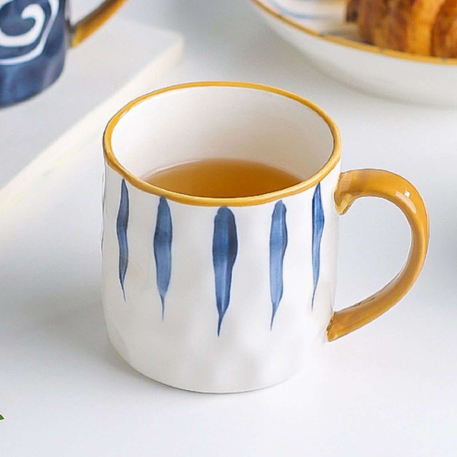 400ml Porcelain cup with handle, ceramic coffee cup, blue stripes coffee cup, ceramic cup with gold rim, espresso cups, for coffee, tea, milk, cappuccino