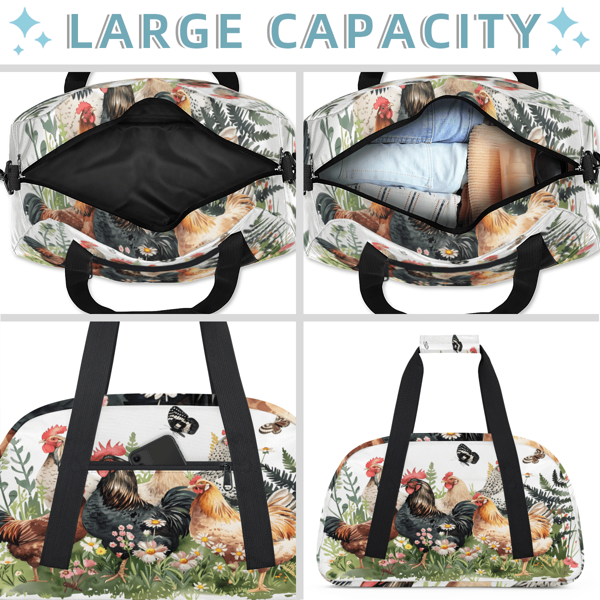 Herdesigns Funny Roosters Chickens Sports Duffle Bag for Women & Men, Gym Bag Dance Bag Overnight Bag Carry On Weekender Travel Bag