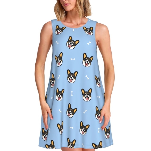 Lukts Robe Sans Manches Corgi pour Femmes, Robe d'Été à Col Rond avec Poches, Adaptée à la Vie Quotidienne, Plage, Fête