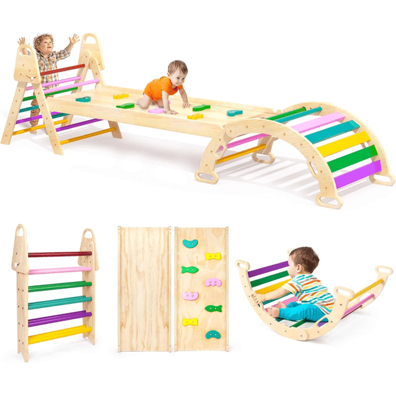 7in1 Extra Large Pikler Triangle Set, Indoor Climbing Toys for Toddlers, Foldable Wooden Montessori Climbing Set with Arch, Ramp & Ladder Baby Indoor Playground Jungle Gyms for Toddlers