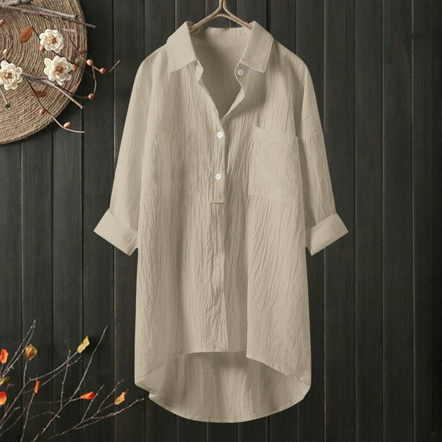 Weiqiqre Womens Spring Tops Oversized Linen Shirts Blouses Tops Long Sleeve High Low Button Up Shirts