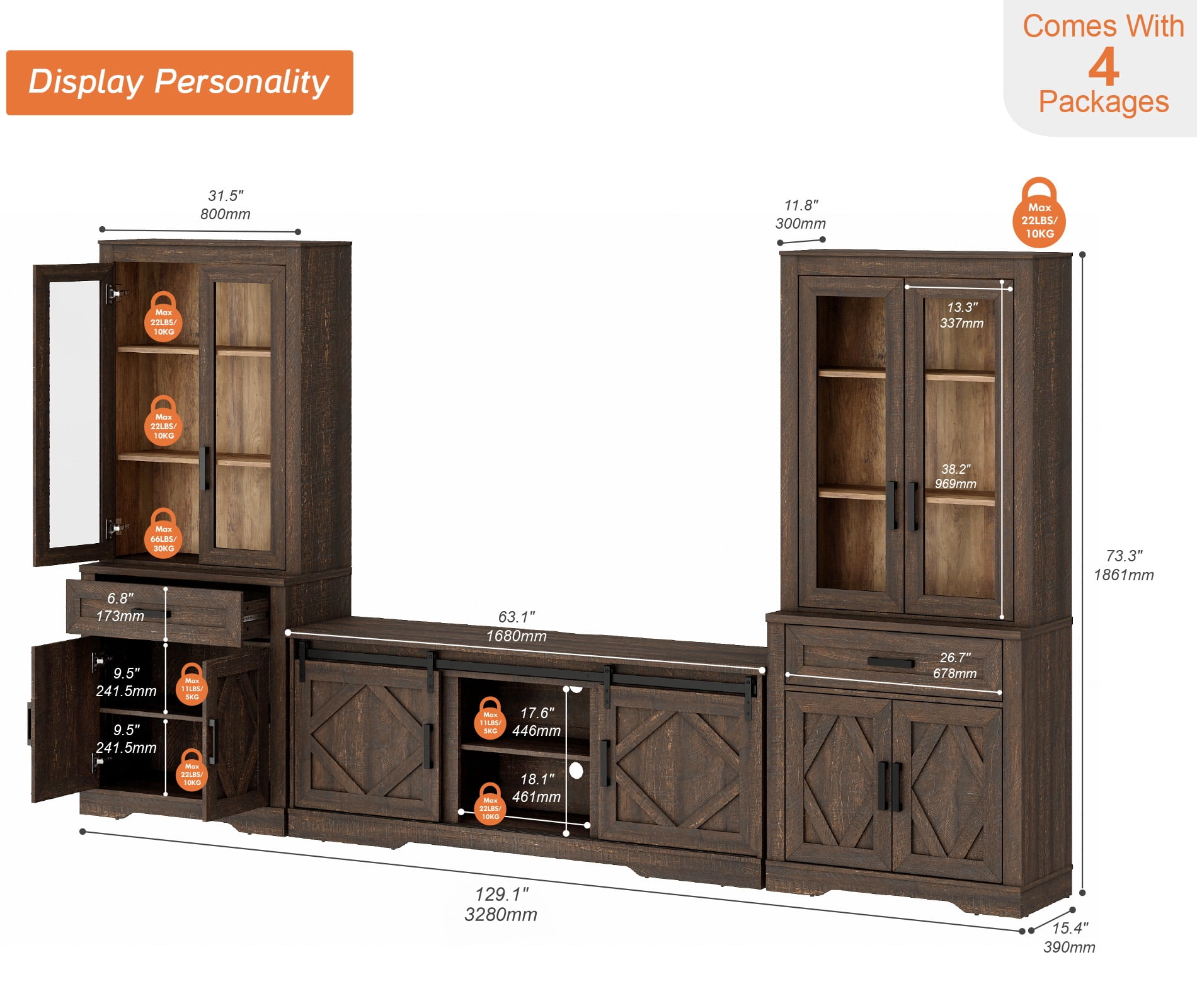 WAMPAT Farmhouse Entertainment Center with Bookshelf for TVs up to 75",Mid Century Modern TV Stand with 73"H Tall 5-Tier Bookcase with Open Storage and Barn Doors for Living Room,Bedroom,Dark Brown