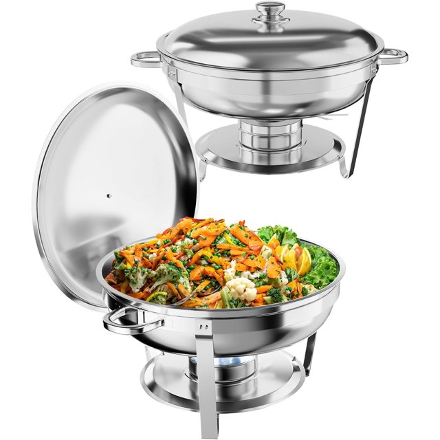 Ensemble de Buffet à Réchauffer 5QT, 2 Pcs, Rond en Acier Inoxydable, Chauffe-Nourriture, avec Casserole, Couvercle, Cadre, Support de Carburant pour Restauration et Fêtes