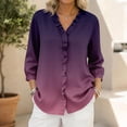 thumbnail image 2 of XPMWRP Women's V‑Neck Ruffle Placket Ombre Gradient Draped 3/4 Sleeve Blouse Soft Loose Fit Casual Summer Top Romantic Feminine for Daily Vacation Wear Purple L, 2 of 5