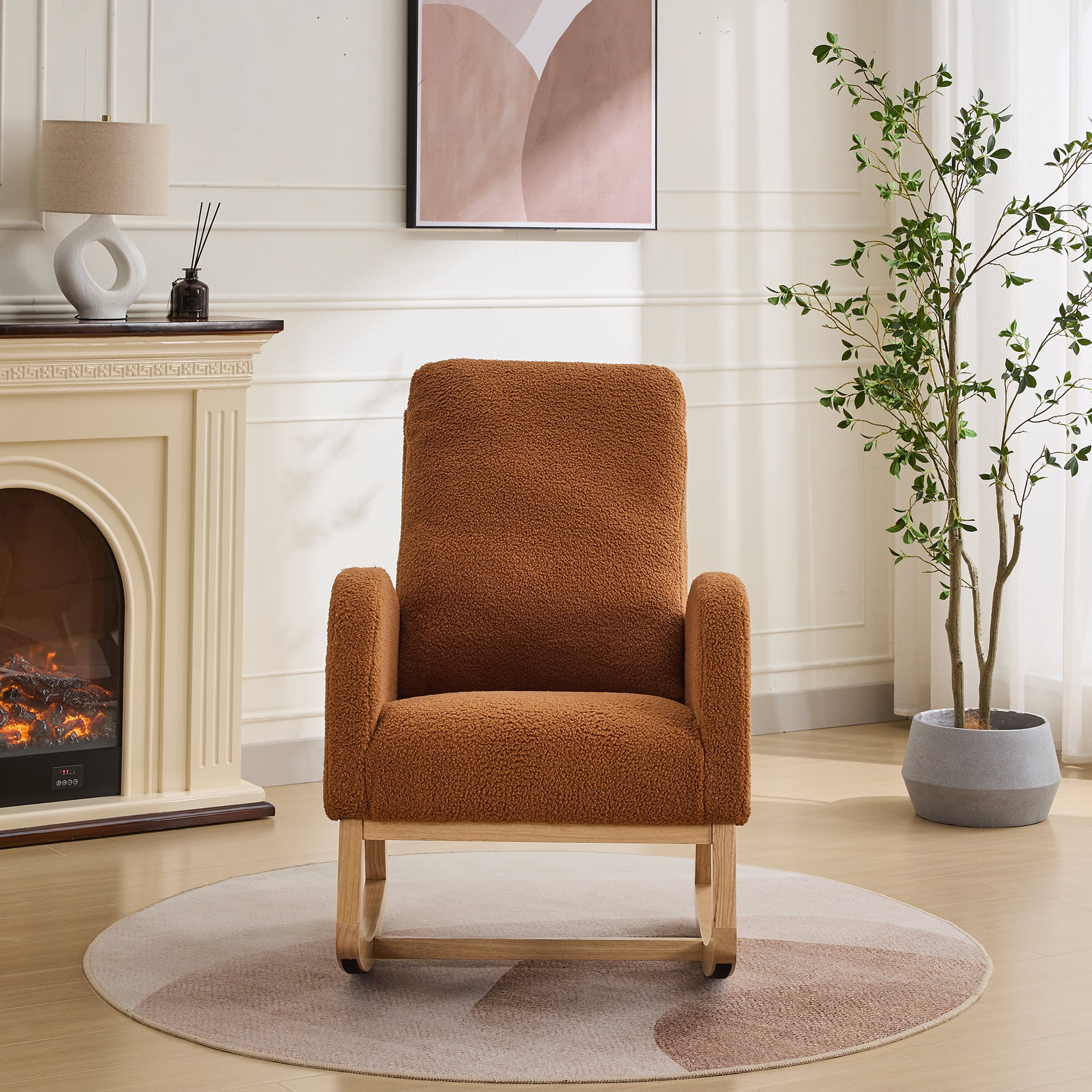 FFZ 27.2W Rocking Chair Nursery Sherpa Glider High Back Side Pocket Accent Armchair Rubber Wood Caramel