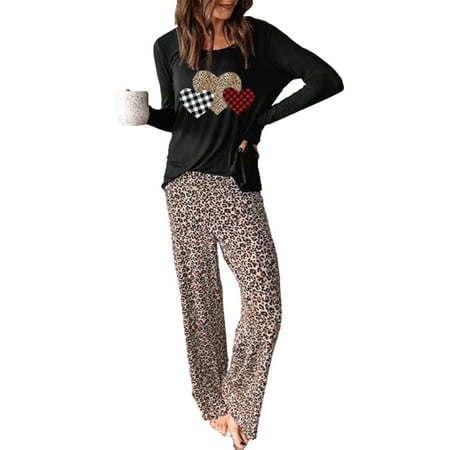 

FARYSAYS Womens Valentine s Day Leopard Two-piece Loungewear Plaid Heart Pattern Pajamas Set Leopard Print Long Sleeve Tops Sleepwear