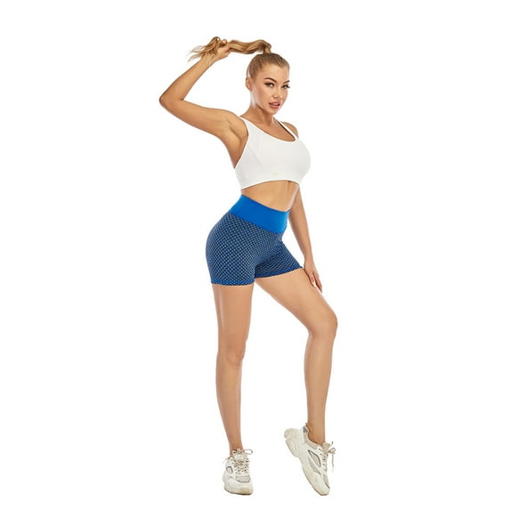 High Waist Athletic Shorts for Womens Yoga Fitness Running Shorts Tummy Control Textured Ruched Pants, Blue, M