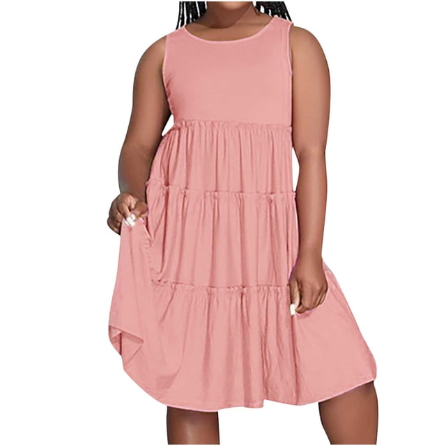 EQWLJWE Robe Longue pour Femmes Mode Été Couleur Unie Col Rond Sans Manches Robe Mi-Longue Plissée