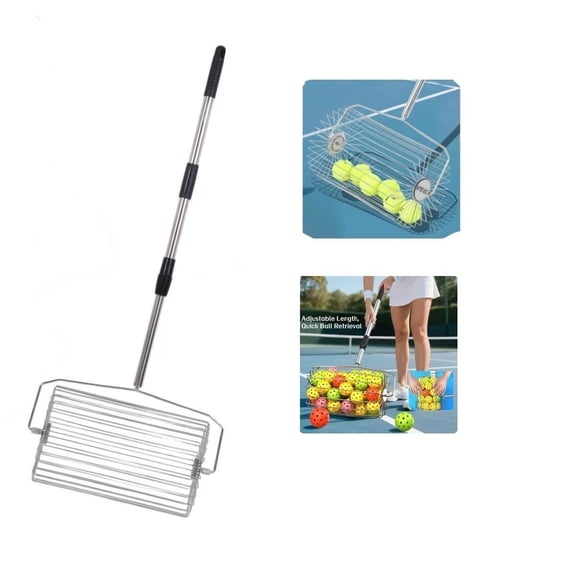 Large-capacity stainless steel roller tennis ball picker, pickleball  picking wonder, portable metal picker, extendable metal tennis ball recycler, multi-functional ball collector  black