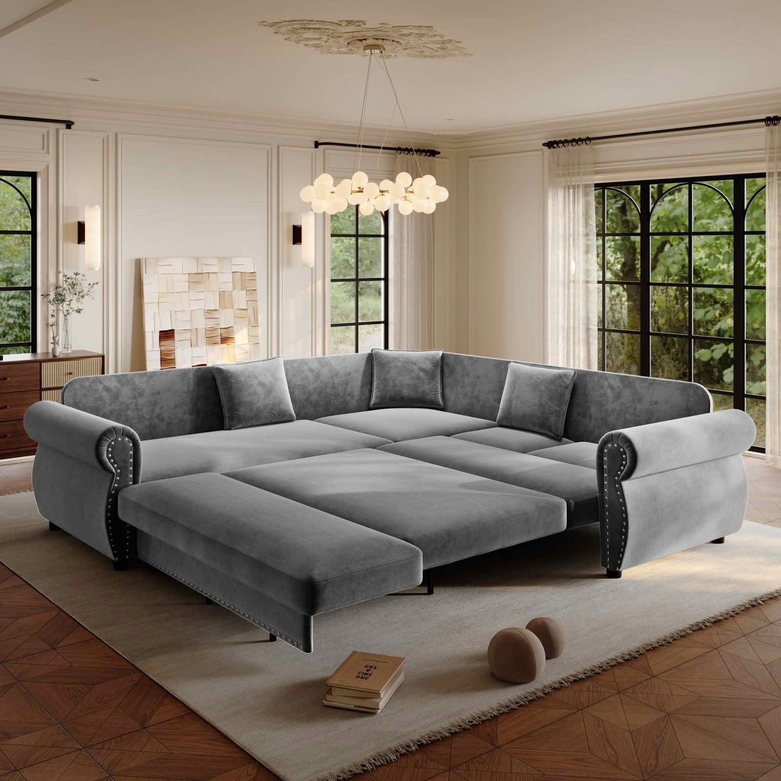 MAYEERTY 88.2" L‑Shaped Convertible Pull‑Out Sofa Bed, Chenille Sectional Couch with Nailhead Trim & Rolled Arms, Multifunctional Sleeper Sofa
