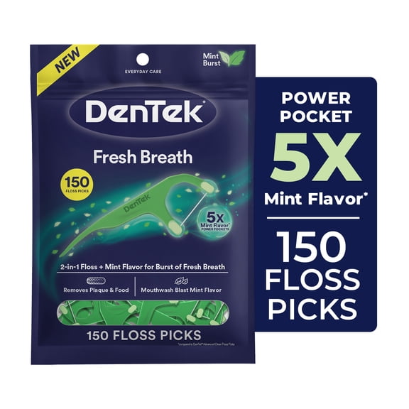 DenTek Fresh Breath Floss Picks with Mint Flavor Power Pockets, Dental Floss and Plaque Remover, 150 Count