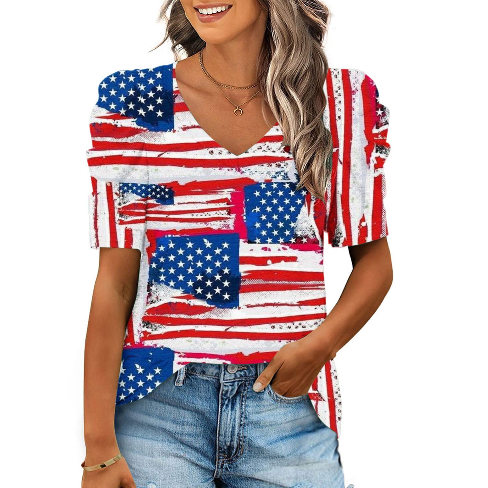 YWDJ Womens American Flag Apparel Independence Day Tops for Women Fashion  Casual Puff Sleeve Short Sleeve V Neck Tops Blouse Plus Size Patriotic