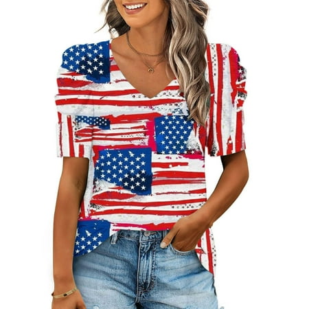 

Women V Neck T-Shirts Loose Puff Short Sleeve Tops Summer Casual Trendy Flag Printed Tunic Blouses Tops