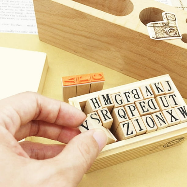 Sellos de letras del alfabeto de madera, caja de madera, álbum diario, sello de goma, juego de sellos, sello artesanal, accesorios para hacer tarjetas 26 carta BLESIY Sello de letras