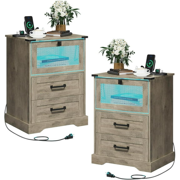 Hasuit Farmhouse Night Stand Set of 2 with LED Lights and Charging Station, Rustic Oak Nightstand with 2 Drawers, and Cubby with Wire Mesh Door, Bedside End Table for Bedroom