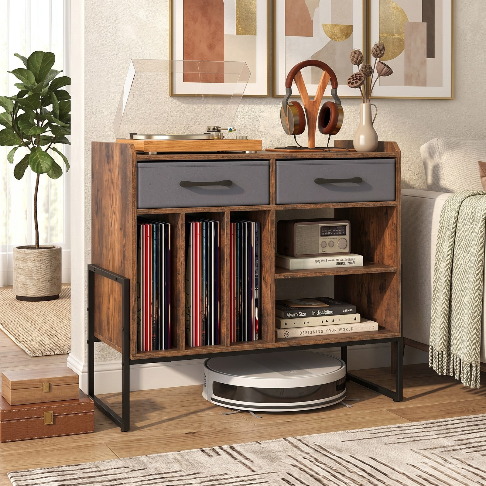 Furnibear Record Player Stand with Charging Station, Mid Century Modern Vinyl Storage Cabinet with USB and Type-C Ports, 2 Fabric Drawers and Adjustable, Rustic Brown