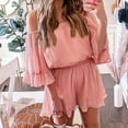thumbnail image 2 of Women Boho Summer Chiffon Romper Casual Solid Color Off Shoulder Strapless Ruffle Half Sleeve Shorts Jumpsuits, 2 of 5