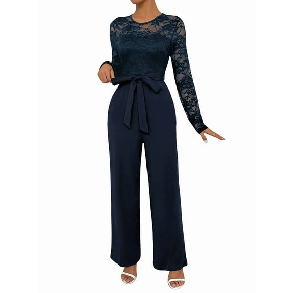 Women'S Lace Patchwork Round Neck Long Sleeve Formal Jumpsuit Solid Color Casual One-Piece Pants Navy Blue XL