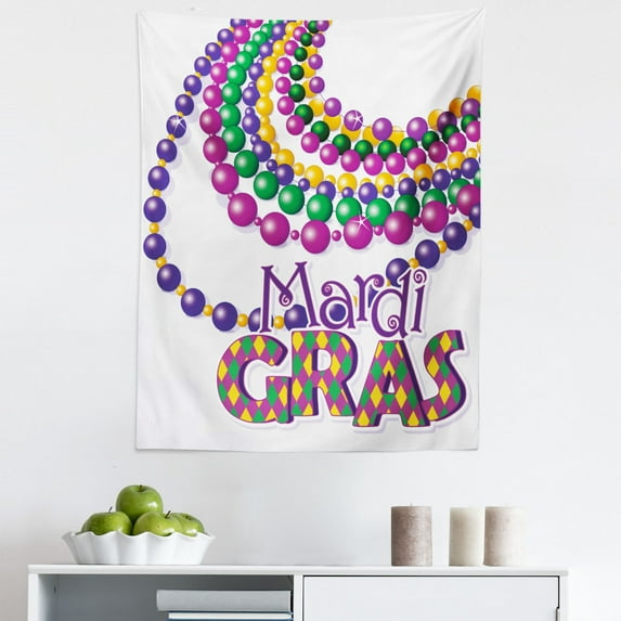 Mardi Gras Tapestry, Colorful Beads Party Necklaces with Mardi Gras Calligraphy Patterned Design, Fabric Wall Hanging Decor for Bedroom Living Room Dorm, 5 Sizes, Multicolor, by Ambesonne