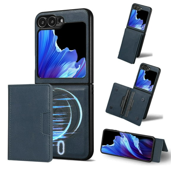 Allytechgroup Case for Samsung Galaxy Z Flip 7 FE/ 6 with Cards Holder, RFID Blocking 2 In 1 Wallet Case with Stand Support Wireless Charging Shockproof Magnetic Back Cover for Women Men, Blue