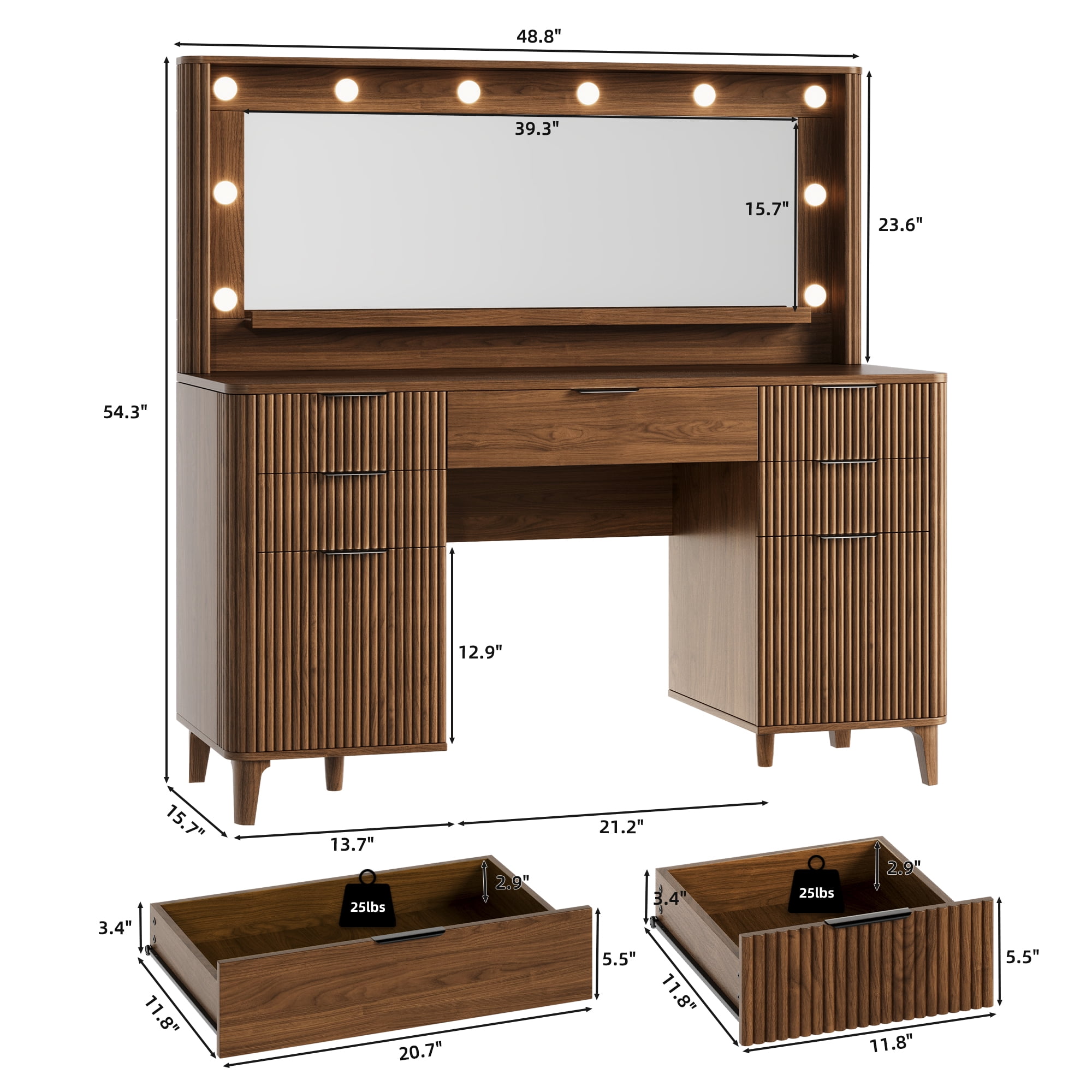UGTOO Walnut Vanity Desk with Large Horizontal Mirror & LED Lights – 5 Drawers, Charging Station, Vintage Style (48.8"L x 15.7"W x 54.3"H)