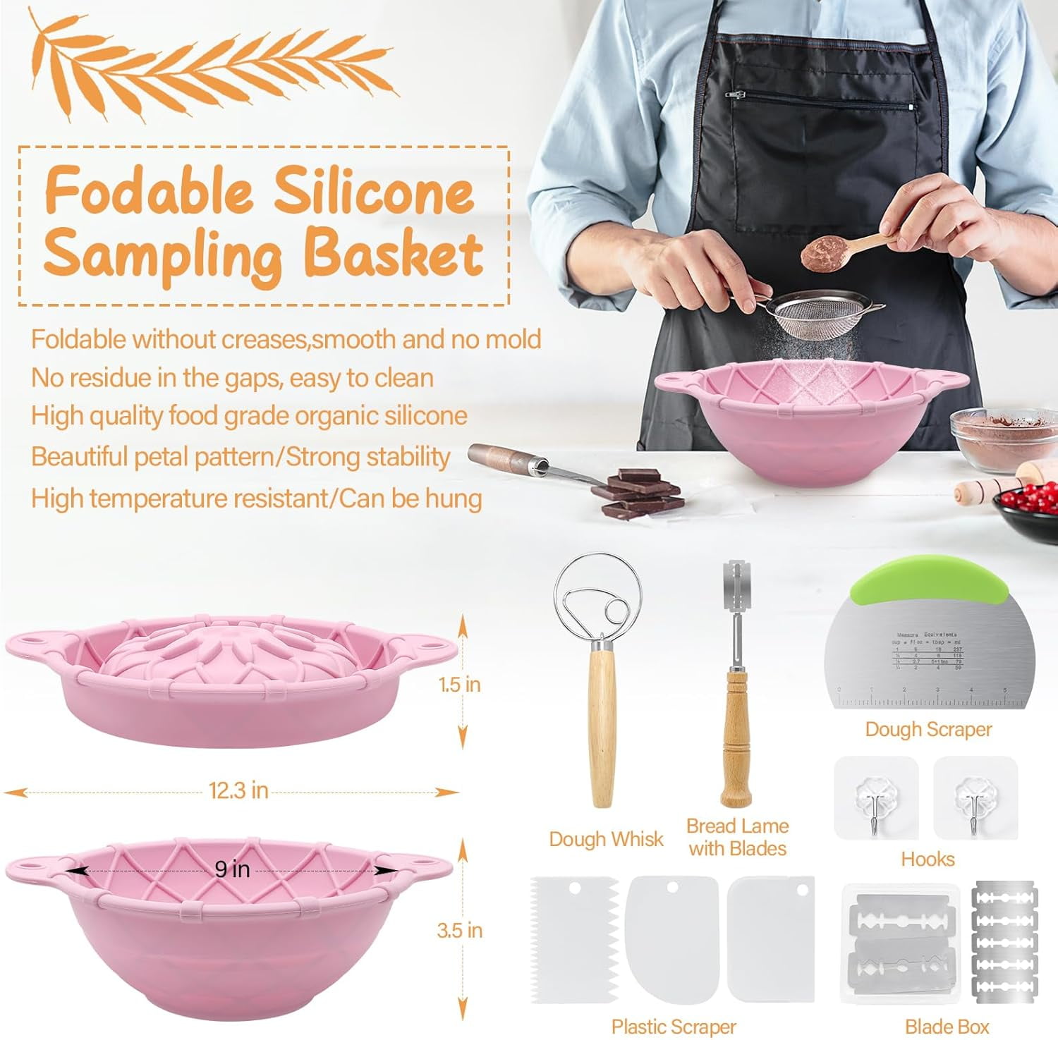 2 Pack Sourdough Bread Baking Supplies Set: Banneton Proofing Basket, Silicone Bread Baking Basket, 9 Inch Collapsible Bowl, Complete Tools Kit for Sourdoughs,Pink Proofing Baskets for Bread Making