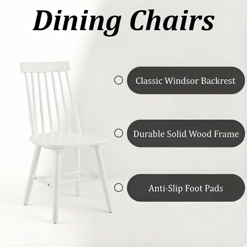 Solid Wood Dining Chairs Set of 2, Ergonomic Windsor Backrest Mid-Century Modern Armless Kitchen Side Chairs