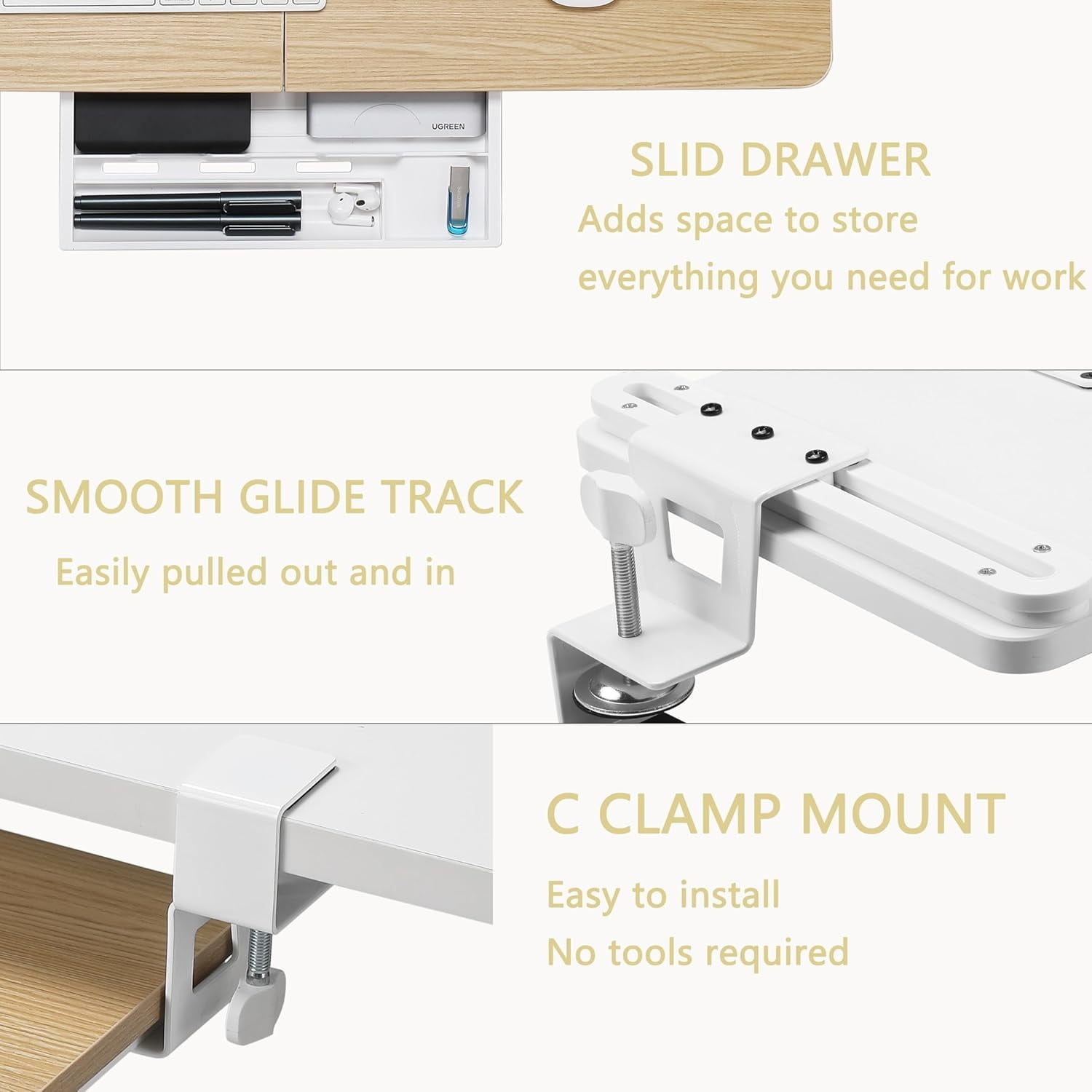 Keyboard Tray Under Desk, 26.77" X 11.81" Large Size Keyboard Tray with C Clamp-on Mount Easy to Install, Computer Keyboard Stand, Ergonomic Keyboard Tray for Home and Office (Oak)